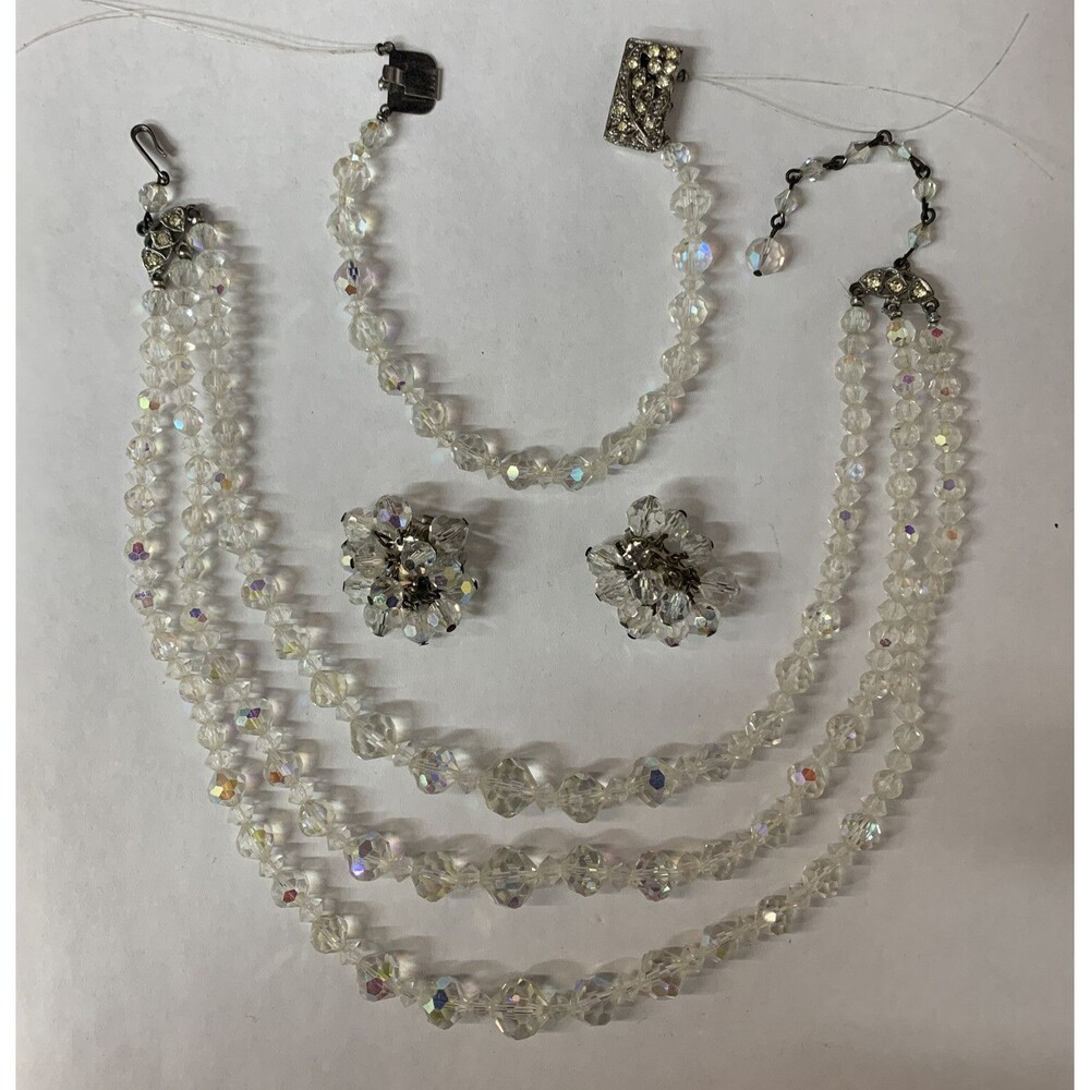 Vintage Aurora Borealis Crystal Bead Necklace Earrings Bracelet READ DESCRIPTION